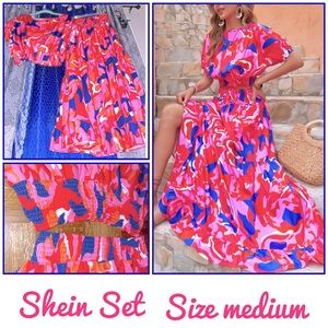 SHEIN VCAY Allover Print Batwing Sleeve Top & Shirred Ruffle Hem Skirt Multicolo